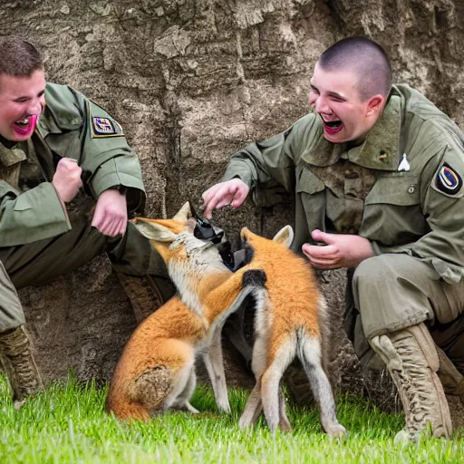 Image similar to a group of fox animals dressed in modern american military soldier uniforms, foxes laughing at a computer, 8 5 mm f / 1. 4