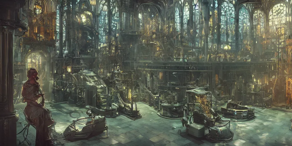 Image similar to octane render, ultra photorealistic, hyper detailed, unreal engine, aisles of amber liquid hyperbaric chambers preserving human bodies, breathtaking sci - fi gothic victorian greenhouse terrarium artwork by james cameron, greg rutkowski, alphonse mucha, james gurney inspired by blade runner 2 0 4 9