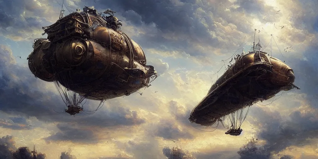 Prompt: a beautiful painting of a steampunk airship in the sky by greg rutkowski, cumulus clouds, cinematic composition, highly detailed