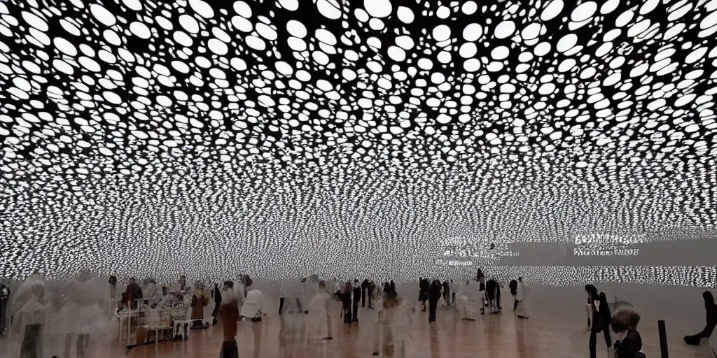 Prompt: Yayoi Kusama huge organic microorganisms lamps levitating on the ceiling no-gravity installation in white empty spacious space, maximum natural texture, white warm illumination, in low fog, 8k resolution, best color graded, vray beautiful, subsurface scatter, hyper-realistic render