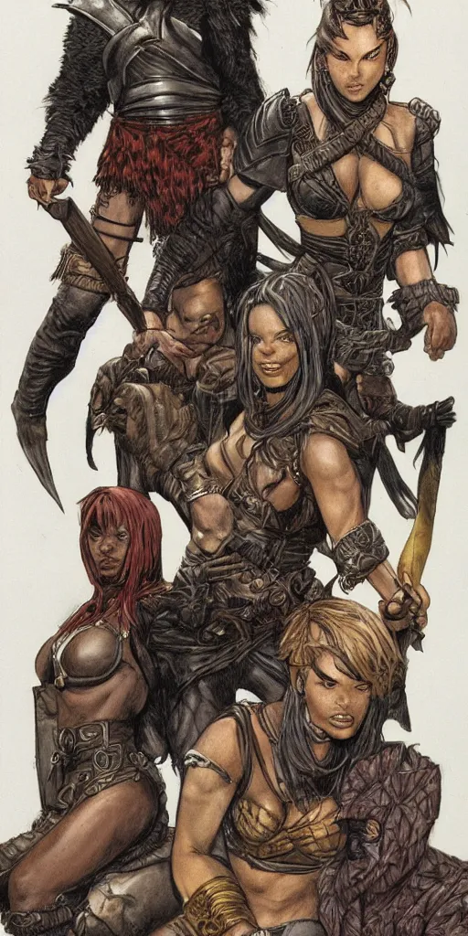 Image similar to female thief and a large young male warrior, and a young female african warrior, d & d, fantasy, portrait, in travis charest style