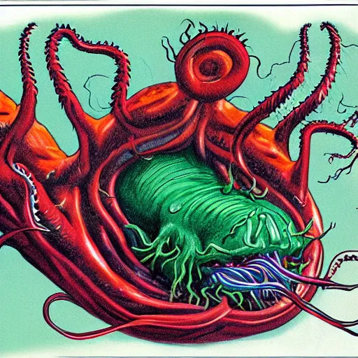 Image similar to a 1982 color anatomy illustration sketch depicting a symmetrical dissection of a dangerous shape shifting alien creaturing spewing long worm-like spiney tendrils out of its snarling mouth, the tendrils in the style of The Thing 1982