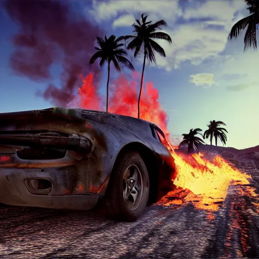 Prompt: wide shot epic car on fire post apocalyptic adrenaline anger oil black tar landscape wasteland miami desert fire craters natural disasters miami beach sunset fucked up palm trees landscape on fire james gurney, henry moore style unreal engine fallout style far cry