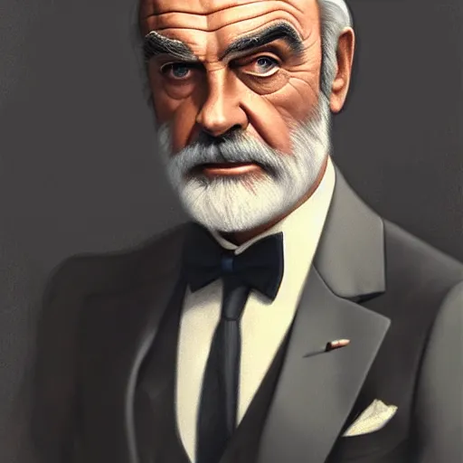 Image similar to Elegant sean connery looking gentleman with a silver suit, portrait, intricate, elegant, highly detailed, digital painting, artstation, concept art, rough, sharp focus, illustration, art by artgerm and greg rutkowski and alphonse mucha