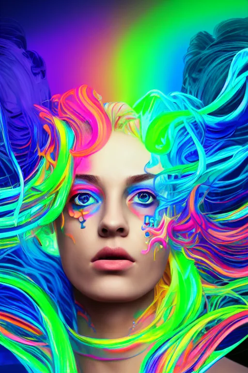 Image similar to a award winning half body portrait of a beautiful woman with stunning eyes in a croptop and cargo pants with rainbow colored ombre hairstyle head in motion and hair flying by thomas danthony, surrounded by whirling illuminated liquids and lines, outrun, vaporware, shaded flat illustration, digital art, trending on artstation, highly detailed, fine detail, intricate