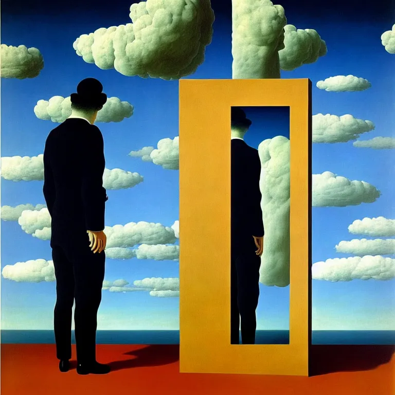 Image similar to a man looks into his own reflection and sees nothing, by rene magritte and salvador dali, surreal, oil on canvas, hyper detailed, vivid