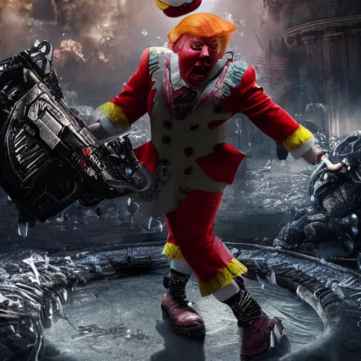 Image similar to donald trump as a clown in gears of war, splash art, movie still, cinematic lighting, ray tracing, detailed clown face, octane render, long lens, shallow depth of field, bokeh, anamorphic lens flare, 8 k, hyper detailed, 3 5 mm film grain