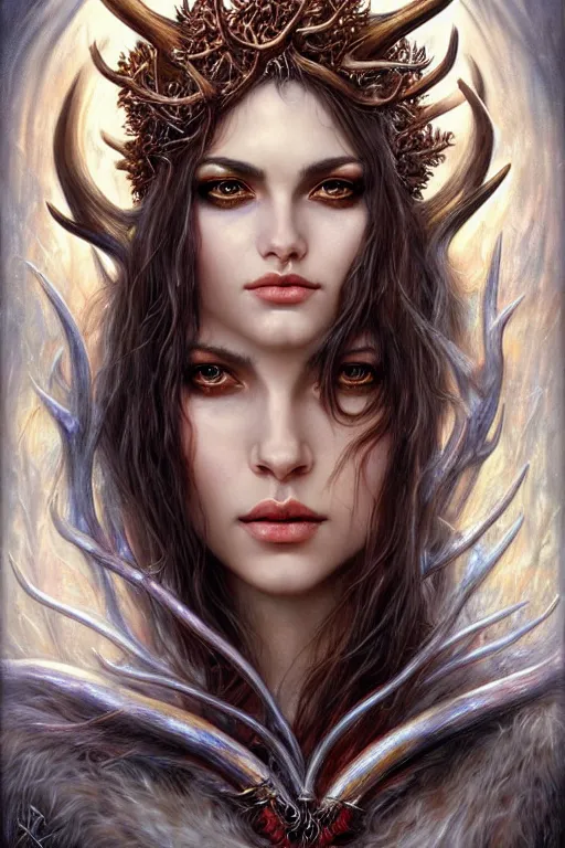 Prompt: a female sorceress with antlers by karol bak and vargas, beautiful detailed eyes, cute, fantasy, intricate, elegant, highly detailed, digital painting, 4 k, hdr, concept art, detailed jewelry, smooth, sharp focus, illustration, art by artgerm