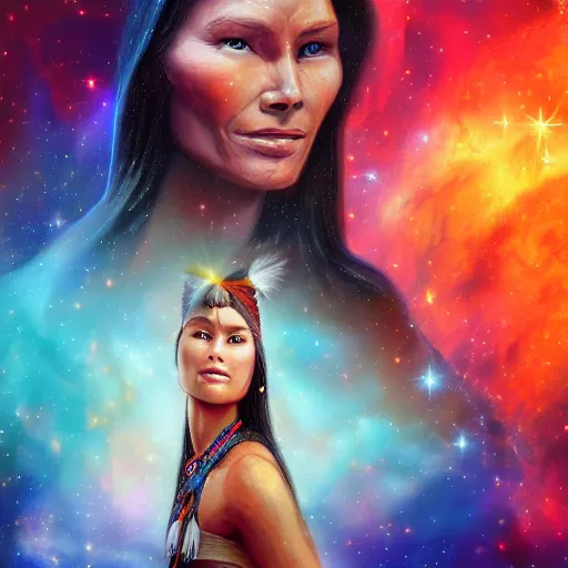 Image similar to a portrait of Pocahontas in the space with nebulae, realistic painting, high definition, digital art, matte painting, very detailed, realistic