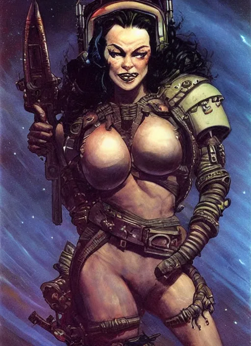 Image similar to portrait of female space pirate, night sky background, beautiful! coherent! by brom, by frank frazetta, deep color, strong line, high contrast