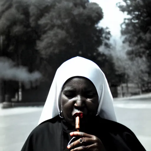 Image similar to a black nun wearing shiny jewelry, she's smoking a cigar and puffing smoke, kodak film photo, amateur photography, candid