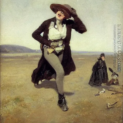 Image similar to actress rehearsing an action scene with revolver by alfred stevens