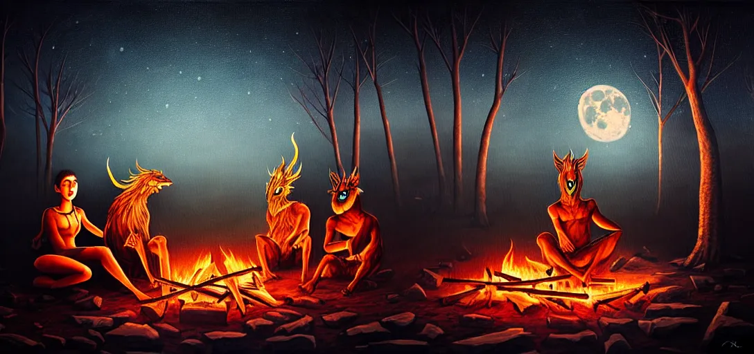 Image similar to strange mythical beasts of sitting around a fire under a full moon, surreal dark uncanny painting by ronny khalil