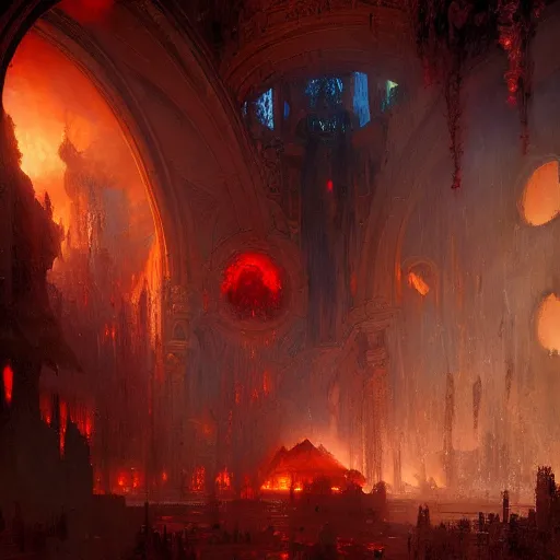 Prompt: a chapel's ceiling is broken in half as a red magical portal from hell opens up there. highly detailed painting by gaston bussiere, greg rutkowski, craig mullins 8 k