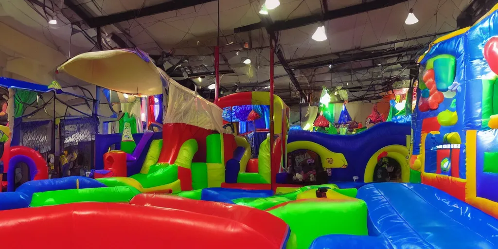 Image similar to a darkly lit indoor playplace bounce house photo taken with a deposable camera, limital space