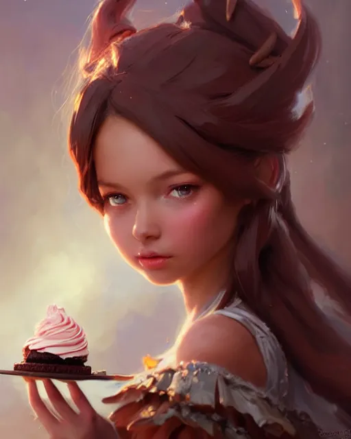 Image similar to a ( ( girl as personification of chocolate cupcake ) ), beauty, fantasy bakery, digital painting by krenz cushart, greg rutkowski, artgerm, laurie greasly, wlop, intricate, highly detailed!!, sharp focus, smooth, epic composition, joyful, unreal engine, masterpiece, 8 k