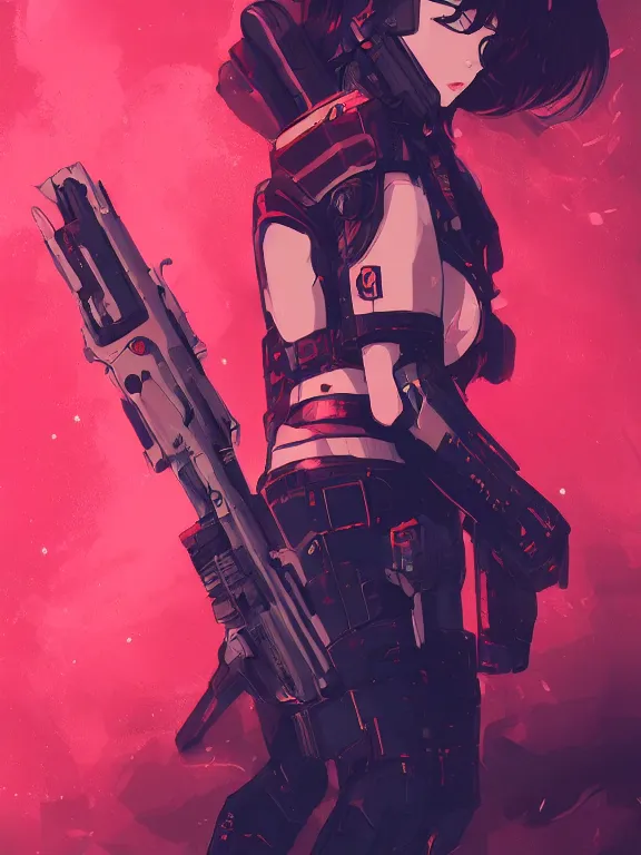 Image similar to a female character with a gun and a red background, cyberpunk art by muqi, featured on pixiv, rayonism, sci - fi, pixiv, official art