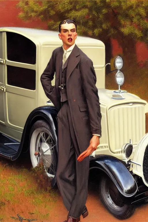 Image similar to attractive man standing in a 1 9 3 0 s suit near a ford model t, glossy oil painting by gaston bussiere, craig mullins, j. c. leyendecker, tom of finland