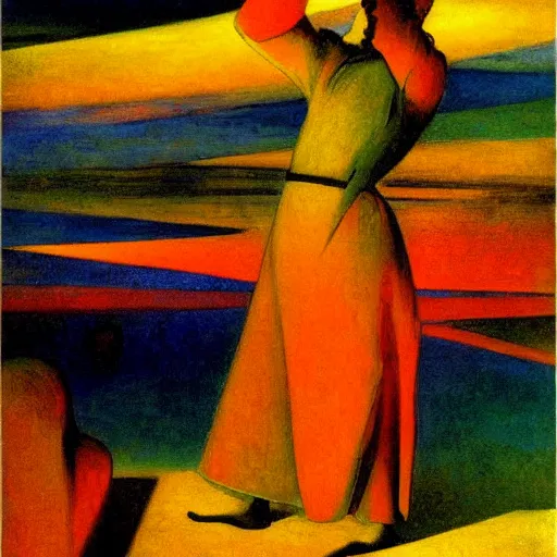 Image similar to a soul oppressed with solitude in the high desert sees hope, glowing with colored light, painting by Franz Marc, by Jean-Léon Gérôme, by Winsor McCay, today's featured photograph, 16K