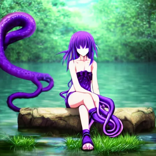 Prompt: an anime girl with purple tentacle hairs, sitting near a swamp