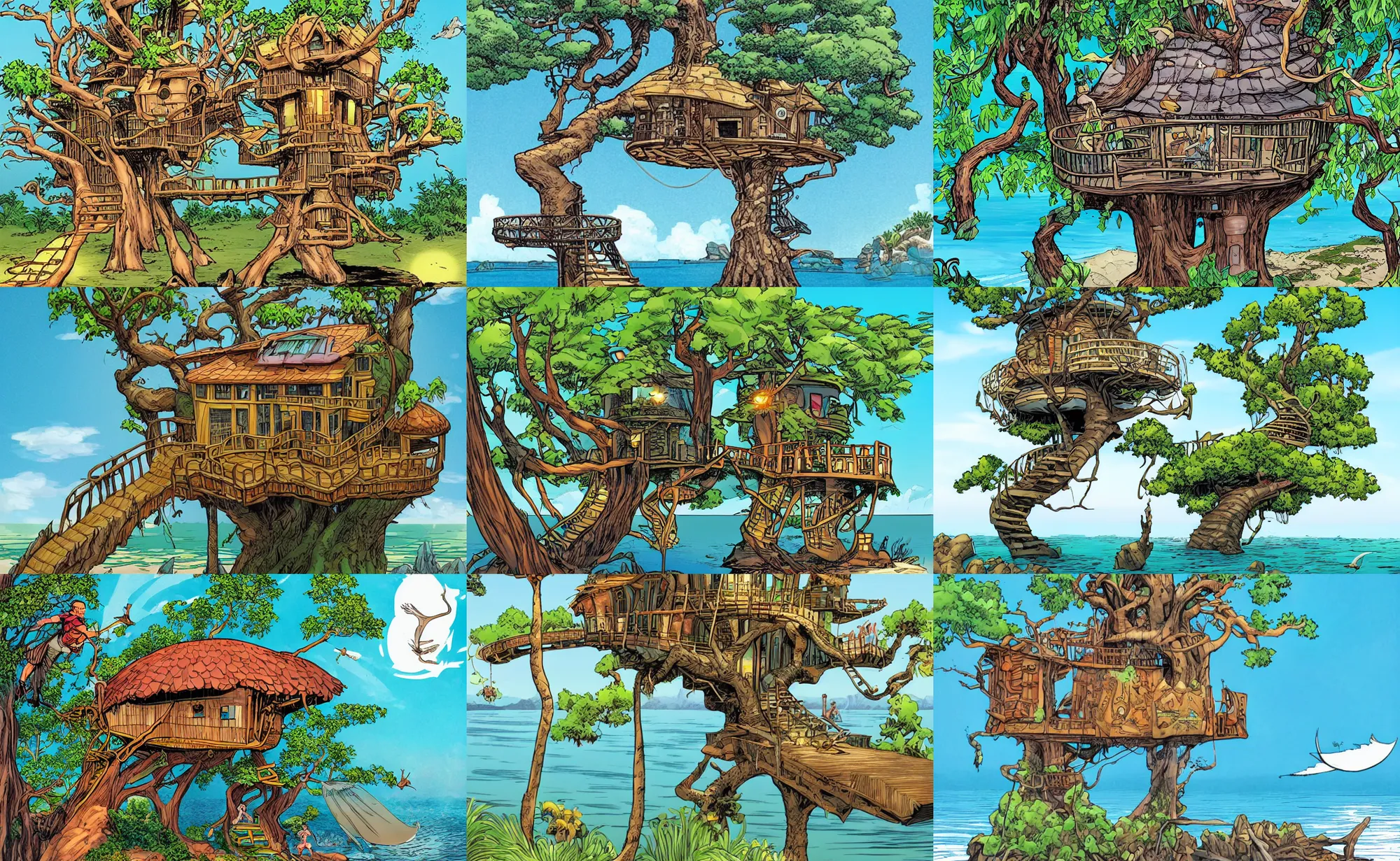 Prompt: comic book of a mystical island treehouse on the ocean