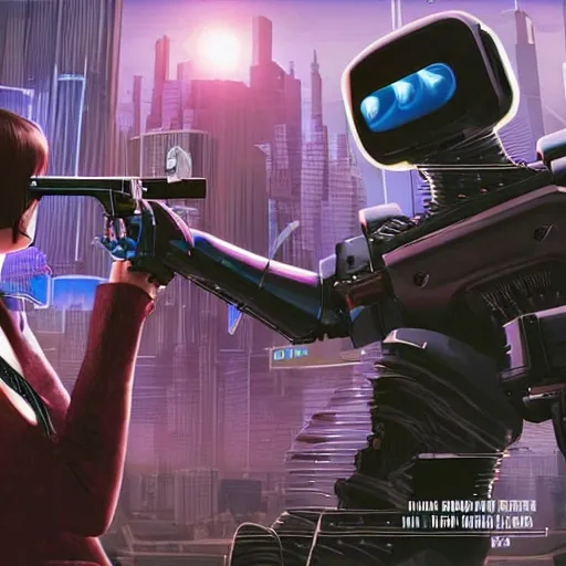 Prompt: realistic, symmetrical, cyberpunk city, man and women in love in a gunfight with robot police.