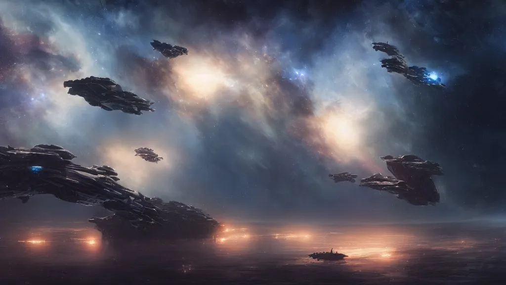 Image similar to a million space drones in a nebula. andreas achenbach, artgerm, mikko lagerstedt, zack snyder 3 8 4 0 x 2 1 6 0