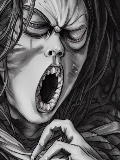 Image similar to close up of a screaming face, baroque style, elegant, beautiful, mesmerizing, concept art, fancy clothing, highly detailed, artstation, behance, deviantart, inspired by innocent manga, inspired by castlevania concept art, trending, ayami kojima, shinichi sakamoto