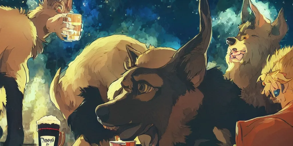 Image similar to a two german shepherds beast - men, holding a mug of beer, a lot of pockets, fur cape, tavern background, magical, bright, colorful, fantastic lighting, amazing details, 4 k uhd, illustration by hayao miyazaki and makoto shinkai and ilya kuvshinov, artstation, pixiv,