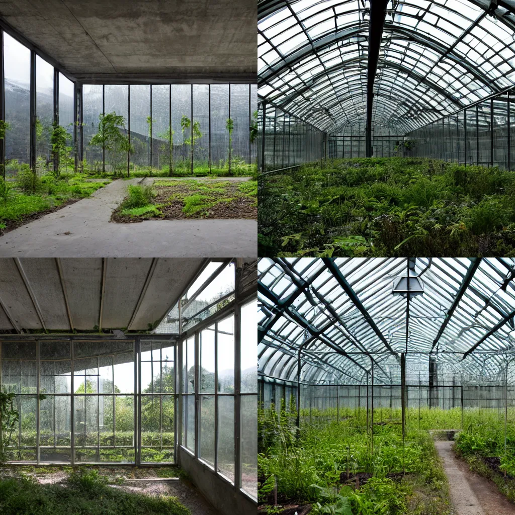 Prompt: interior of a brutalist concrete greenhouse in a lush meadow, surrounded by mountains, godrays