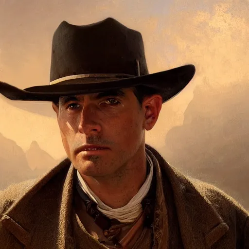 Image similar to clean shaven, tan, middle - aged christian priest with dark hair in wild west, portrait, highly detailed, digital painting, artstation, oppressive lighting, concept art, sharp focus, illustration, art by greg rutkowski and alphonse mucha