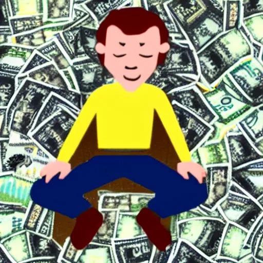 Prompt: a very small man sitting, happy on a large pile of money, brewster millions