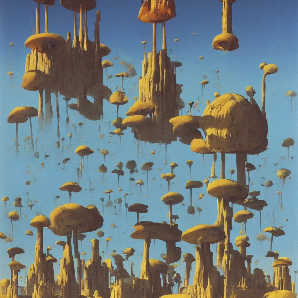 Prompt: a single! colorful!! fungus tower clear empty sky, a high contrast!! ultradetailed photorealistic painting by dean ellis, roger dean and giorgio de chirico, hard lighting, masterpiece