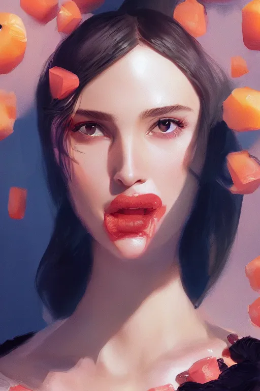 Prompt: vogue magazine, elle magazine, inside a large fruit peach slice, anime korean natalie portman face, ilya kuvshinov, greg rutkowski, john singer sargent, anime, trending on artstation, intricate