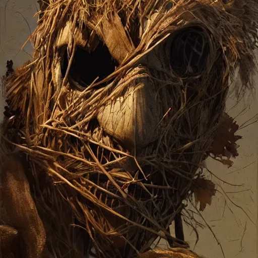 Image similar to very detailed face of a haunted scarecrow, with sticks of woods, bones and wood, snake and crow, james gurney, greg rutkowski, deviantart, artstation