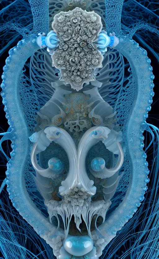 Image similar to intricate gothic baroque porcelain blue mask, eagle coral, jelly fish, feathers, mandelbulb 3 d, fractal flame, octane render, cyborg, biomechanical, futuristic, by ernst haeckel