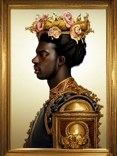 Image similar to rococo portrait of a black prince wearing a golden crown with pastel flowers, symmetrical, realistic, 8 k, artstation, digital painting, art by krenz cushart, kehinde wiley, artgem