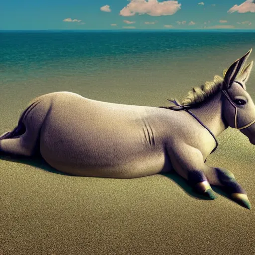 Prompt: a donkey lying on a beach sunbed and wearing cool sunglasses, digital art, amazing detail