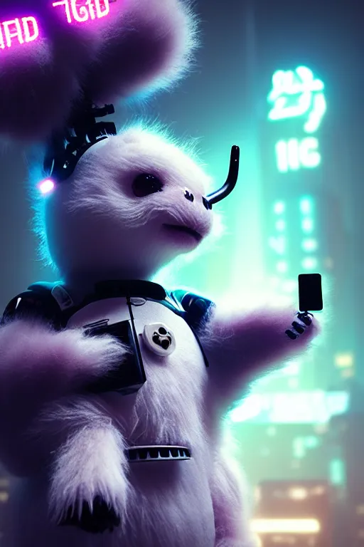 Image similar to high quality 3 d render very cute fluffy! cyborg cow plays guitar, cyberpunk highly detailed, unreal engine cinematic smooth, in the style of blade runner & detective pikachu, hannah yata charlie immer, moody light, low angle, uhd 8 k, sharp focus