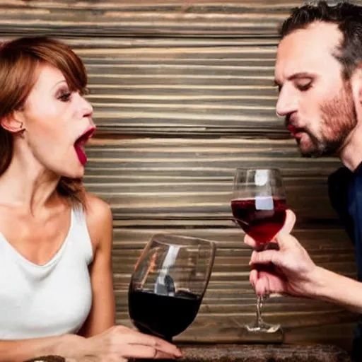 Prompt: a wife that is mad her husband for drinking wine.