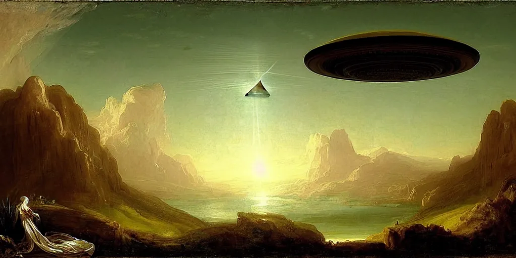 Prompt: Far away giant UFO emerging from the sky over a beautiful landscape by Thomas Cole, by Raphael Lacoste, by Guy Denning