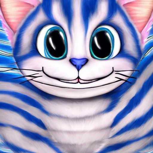 Prompt: cute blue striped cheshire cat. an adorable cat with light blue stripes, blue eyes and a playful smile. stunning digital art by eva balloon. fluffy, soft