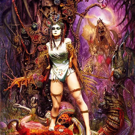 Prompt: cleopatra in alice in wonderland tripping on ayahuasca with scary monsters, intricate detail, painting, royo, frazetta, whealan,