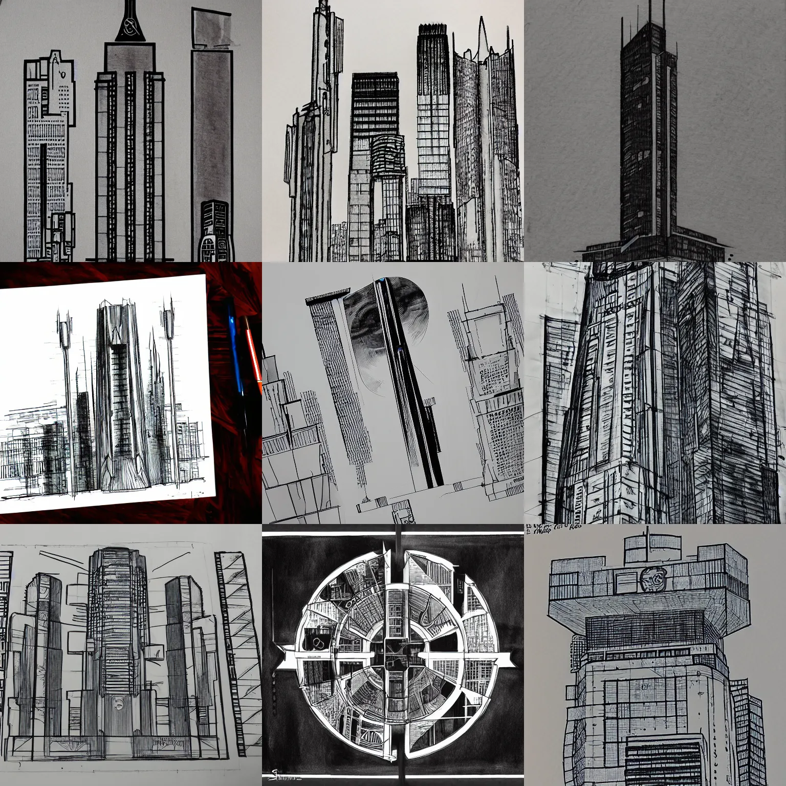 Prompt: schematics of justice league tower,architecture,ink painting