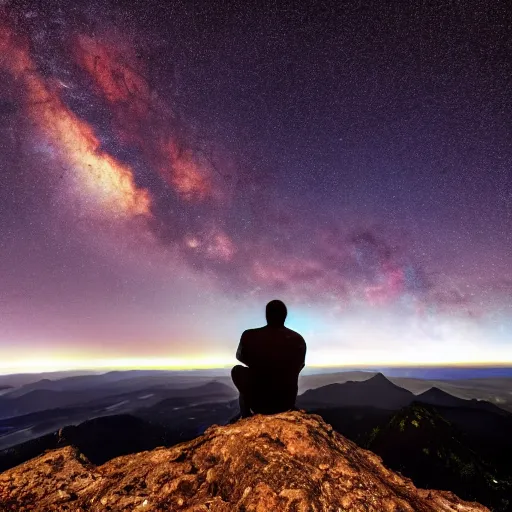 Image similar to 4K ultra HD detailed award-winning wallpaper of silhouette of man sitting on top of mountain cliff looking at huge vast sky storm Milky way