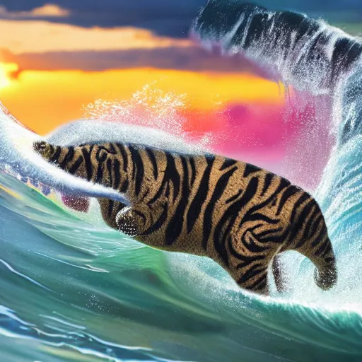 Image similar to a closeup photorealistic photograph of a smiling cute knitted tiger hippopotamus riding a large wave during sunset. surf in the background. professional capture. brightly lit scene. this 4 k hd image is trending on artstation, featured on behance, well - rendered, extra crisp, features intricate detail, epic composition and the style of unreal engine.