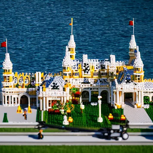 Image similar to mar - a - lago lego set, fbi agents on the lawn, raid, tilt shift photography