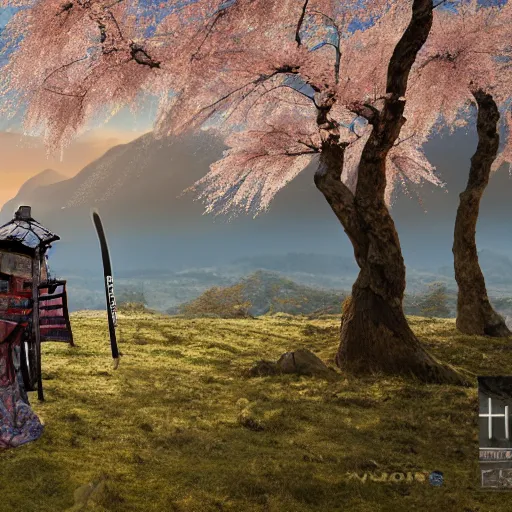 Image similar to highly detailed samurai with katana standing in ruined Japanese village, cherry blossom trees, mountains in background, epic, photorealistic, 8k octane render