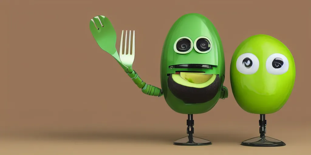 Prompt: cute smiling avocado robot with cute eyes and forks instead of arms, logo style