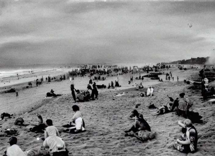 Image similar to vintage photo of a pizza party on omaha beach in normandy with explosions in the background